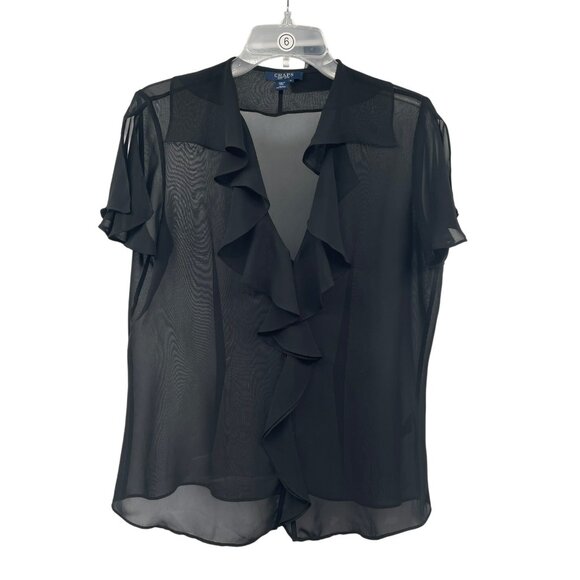 Chaps Womens Sheer Blouse Short Sleeve Ruffle Black Size 12 - Picture 1 of 8